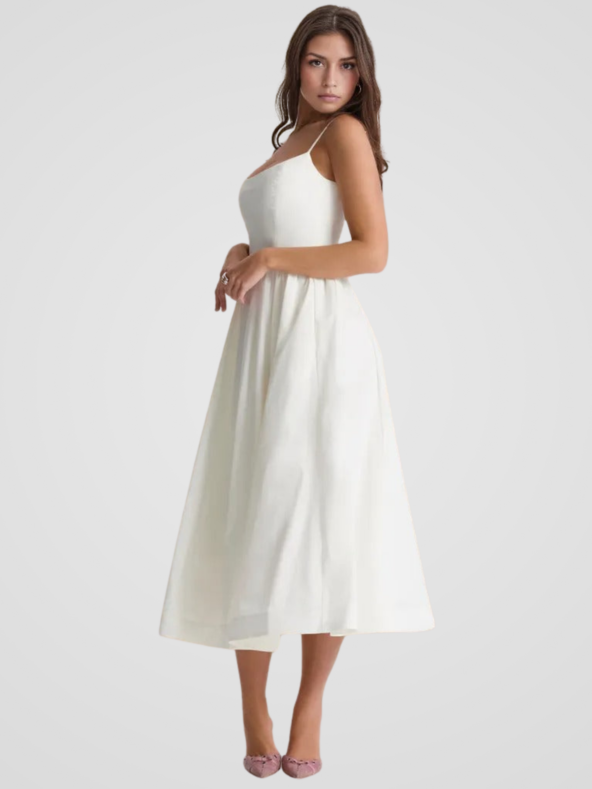 Sukienka Midi Elegancka Elara Bloom z Ramiączkami na Wesele – Lekka i Stylowa na Lato, Biała, Różowa, Błękitna